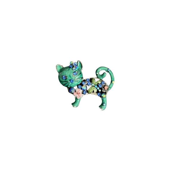 Kitty Brooch floral enamel rhinestones green 2” x 1.5” - Picture 3 of 3